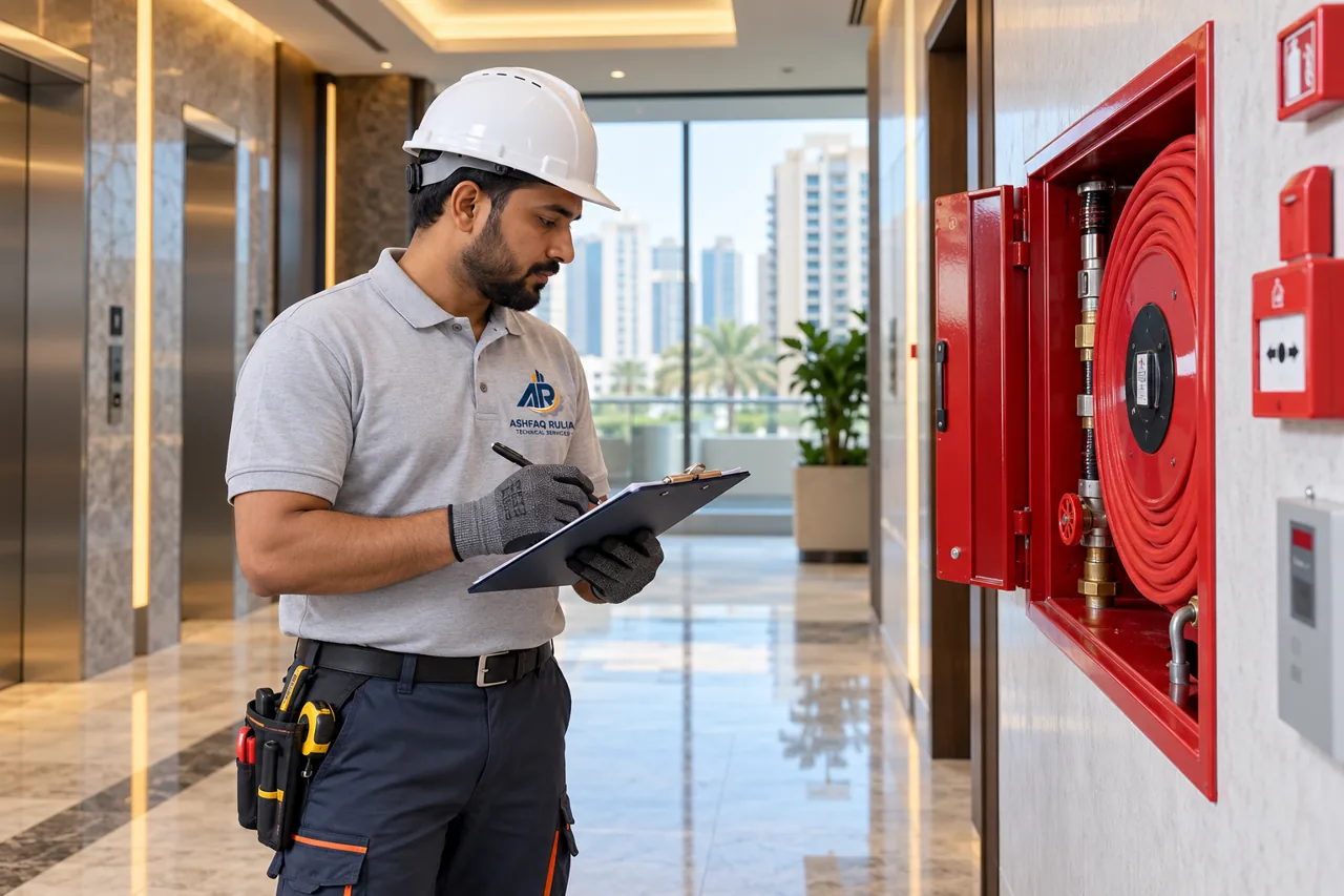 An ARTS building maintenance technician inspecting a Dubai apartment common area with a practical equipment checklist