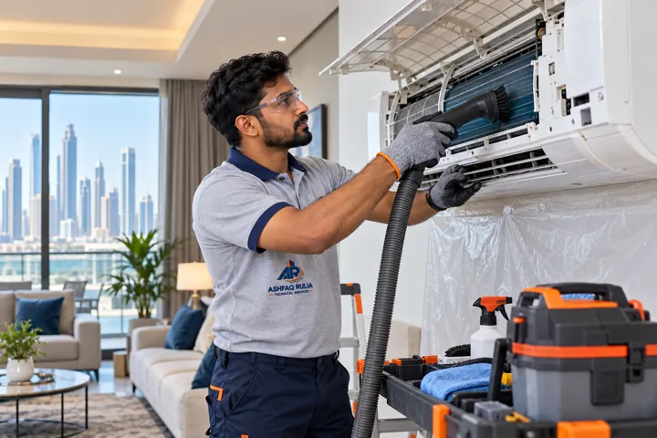 An ARTS HVAC technician actively cleaning and servicing an open wall-mounted split AC indoor unit, tools in hand, unit electrically isolated, neat occupied Dubai interior