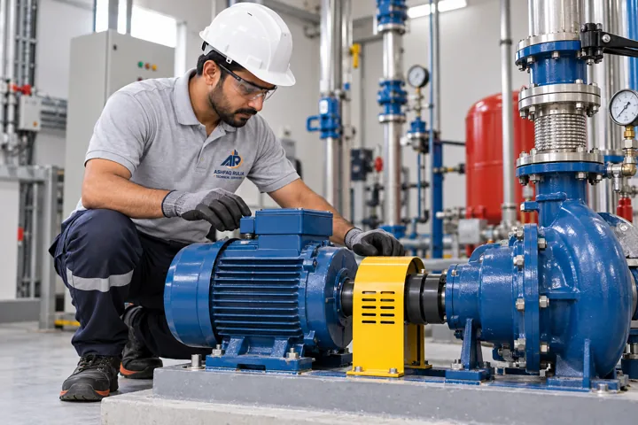 An ARTS electromechanical technician inspecting an isolated building water-pump motor and coupling in a tidy Dubai plant room, no exposed live electrical work
