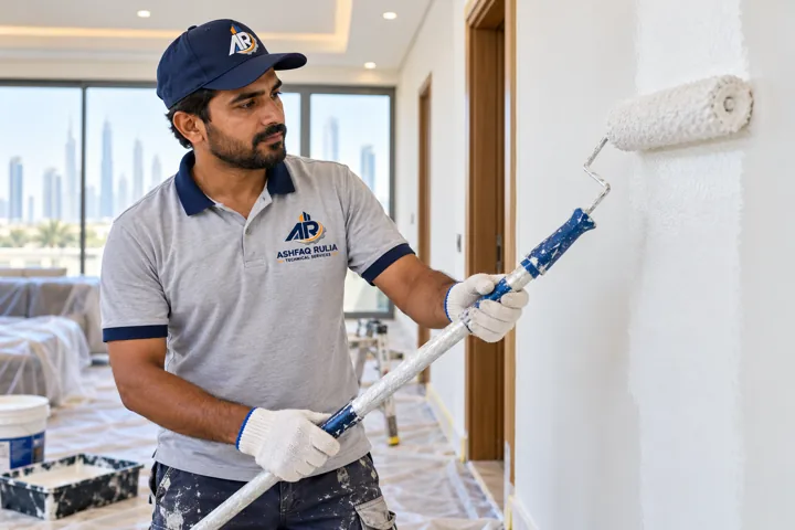 An ARTS painter applying a crisp even coat with a roller to a prepared interior wall, dust sheets and clean edges, Dubai villa