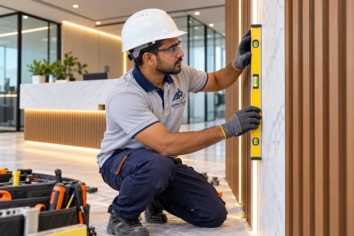 An ARTS fit-out technician checking a newly finished Dubai office reception wall with a spirit level, real finishing tools and careful workmanship