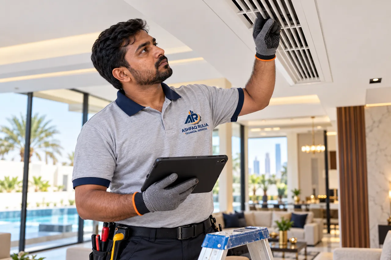 An ARTS technician inspecting HVAC and finishing details in a beautiful modern Dubai villa
