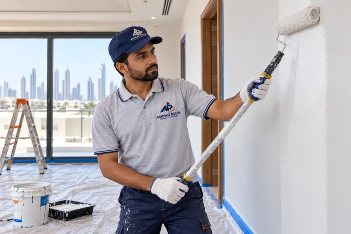 An ARTS painter applying a crisp even coat with a roller to a prepared interior wall, dust sheets and clean edges, Dubai villa