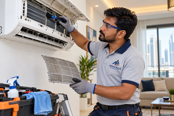 An ARTS HVAC technician actively cleaning and servicing an open wall-mounted split AC indoor unit, tools in hand, unit electrically isolated, neat occupied Dubai interior