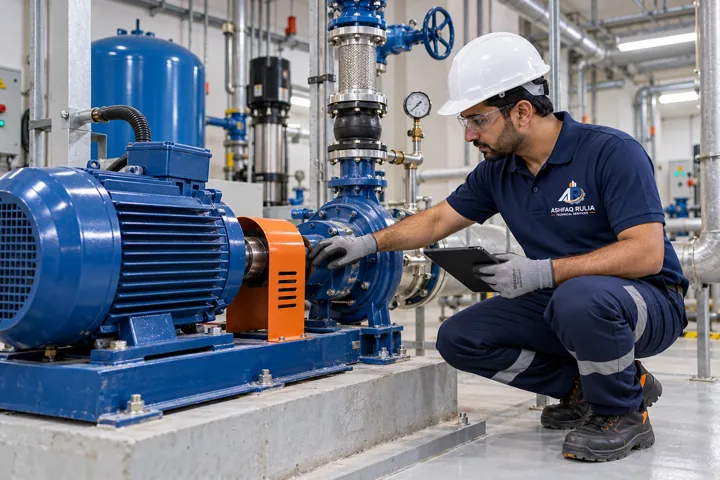 An ARTS electromechanical technician inspecting an isolated building water-pump motor and coupling in a tidy Dubai plant room, no exposed live electrical work