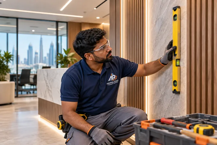 An ARTS fit-out technician checking a newly finished Dubai office reception wall with a spirit level, real finishing tools and careful workmanship