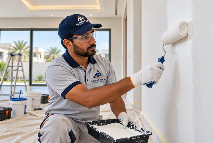 An ARTS painter applying a crisp even coat with a roller to a prepared interior wall, dust sheets and clean edges, Dubai villa