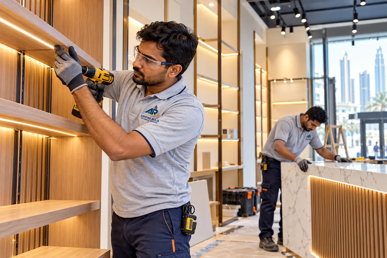 An ARTS fit-out technician installing decorative shelving and a counter in a Dubai retail shop