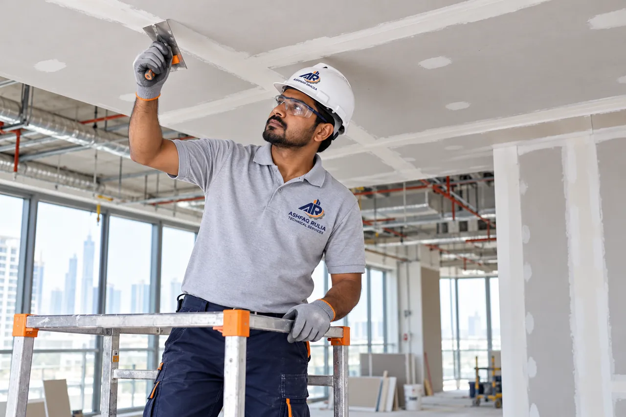 An ARTS installer checking a gypsum ceiling and partition joint from a proper stable platform in a UAE commercial room