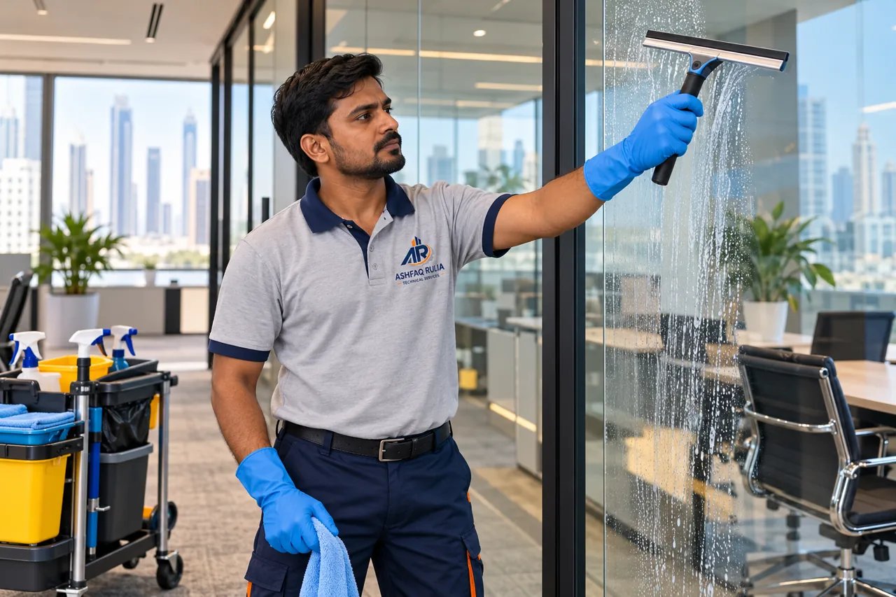 An ARTS cleaner wiping a glass partition with a squeegee in a UAE office, gloves and neat equipment