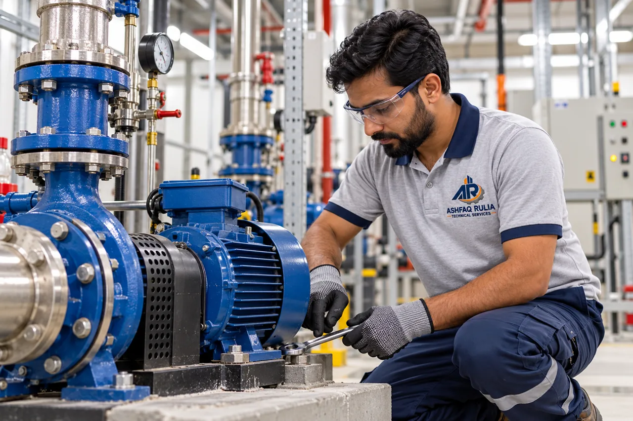 An ARTS technician maintaining a safely isolated pump and motor assembly in a Dubai mechanical plant room