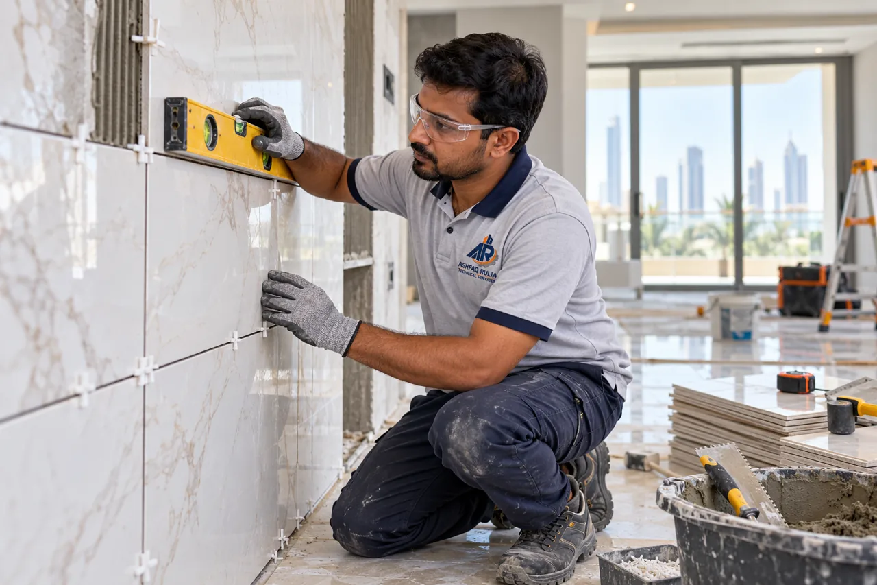 An ARTS craftsman fitting ceramic wall tiles with spacers and a level in a Dubai villa renovation