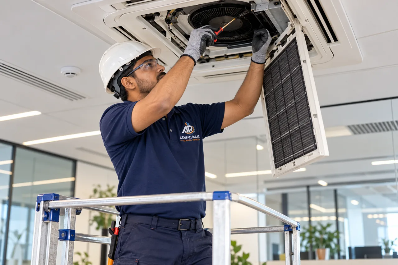 An ARTS HVAC technician servicing an open ceiling cassette air conditioner from a proper stable access platform, isolated equipment, Dubai office