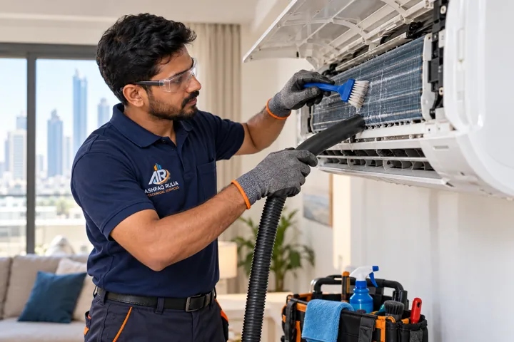 An ARTS HVAC technician actively cleaning and servicing an open wall-mounted split AC indoor unit, tools in hand, unit electrically isolated, neat occupied Dubai interior
