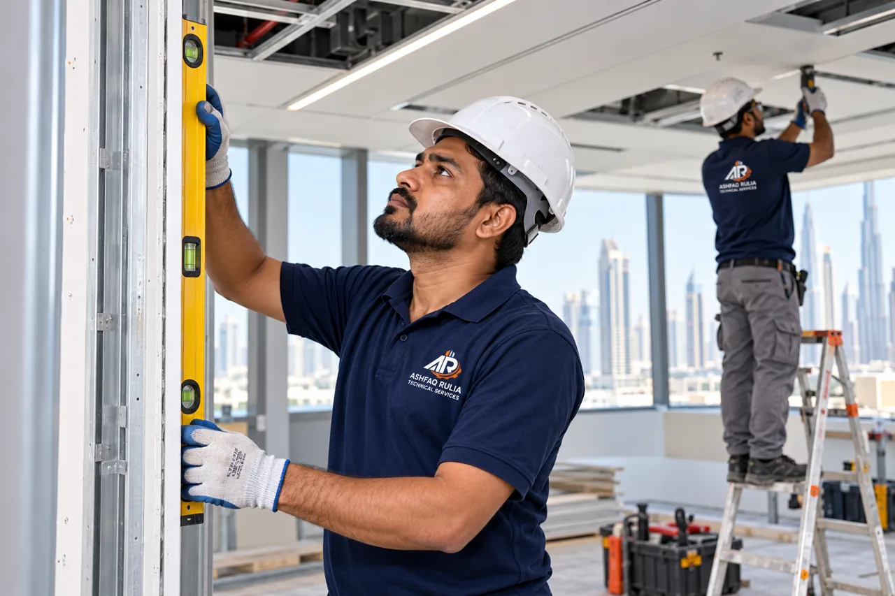 An ARTS interior fit-out craftsman carefully checking partition alignment and ceiling finishes in a Dubai office