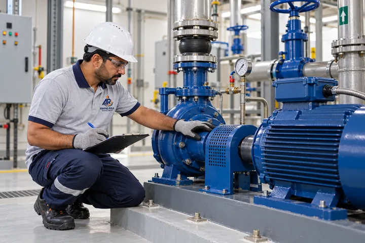 An ARTS electromechanical technician inspecting an isolated building water-pump motor and coupling in a tidy Dubai plant room, no exposed live electrical work