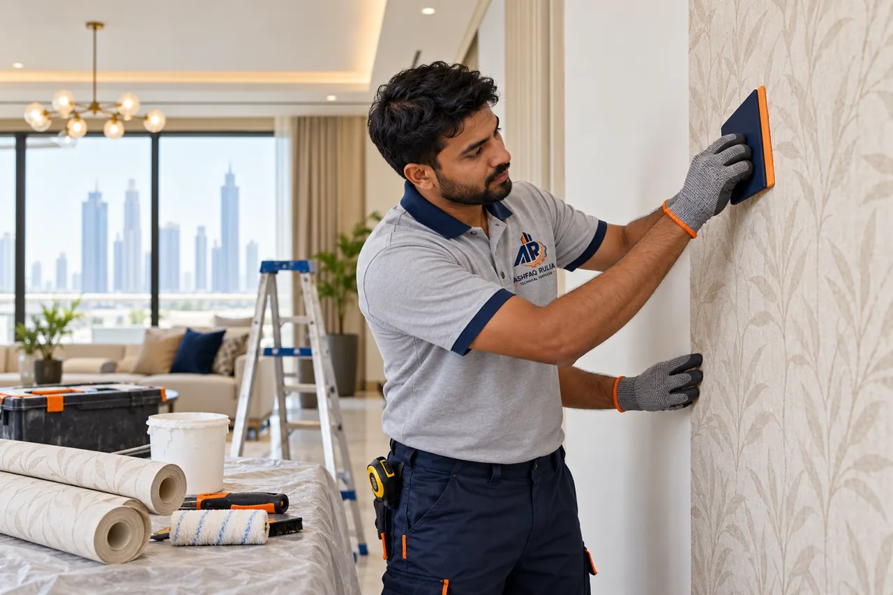 An ARTS tradesman applying wallpaper with a smoothing tool beside a neatly painted wall in a Dubai villa