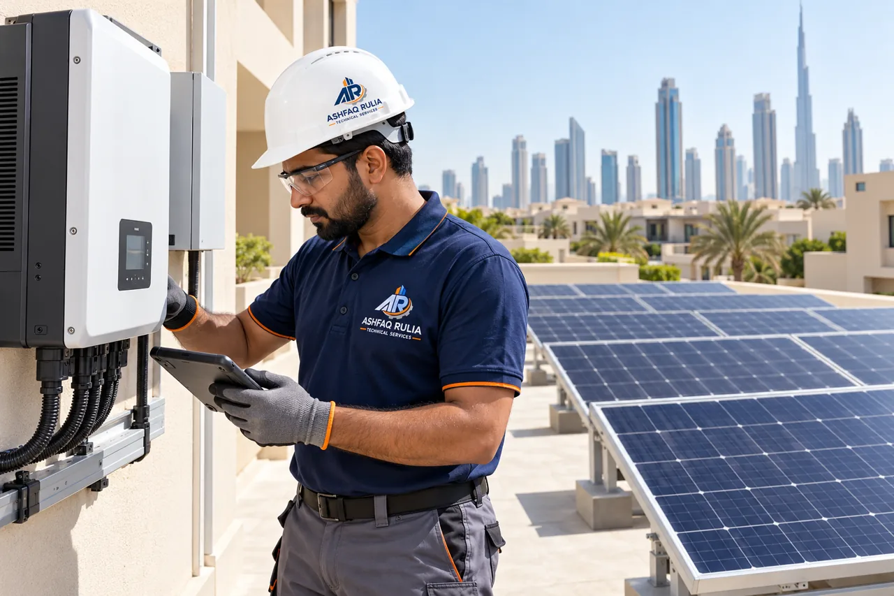 An ARTS solar technician inspecting an installed inverter beside a residential solar system in Dubai, no exposed live wiring