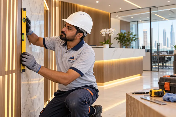 An ARTS fit-out technician checking a newly finished Dubai office reception wall with a spirit level, real finishing tools and careful workmanship