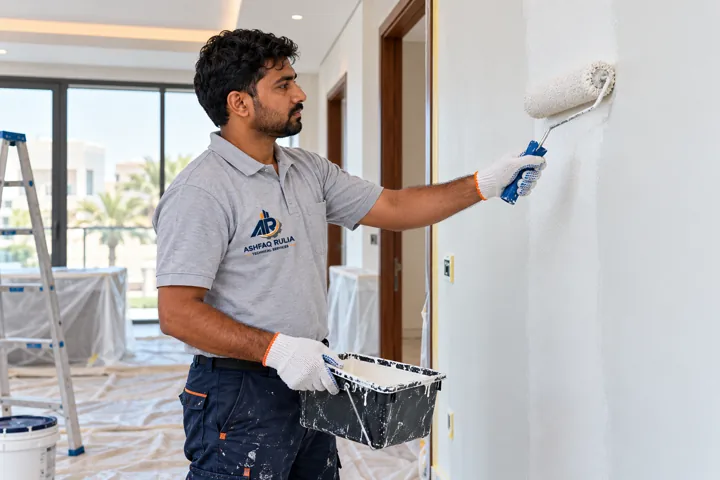 An ARTS painter applying a crisp even coat with a roller to a prepared interior wall, dust sheets and clean edges, Dubai villa
