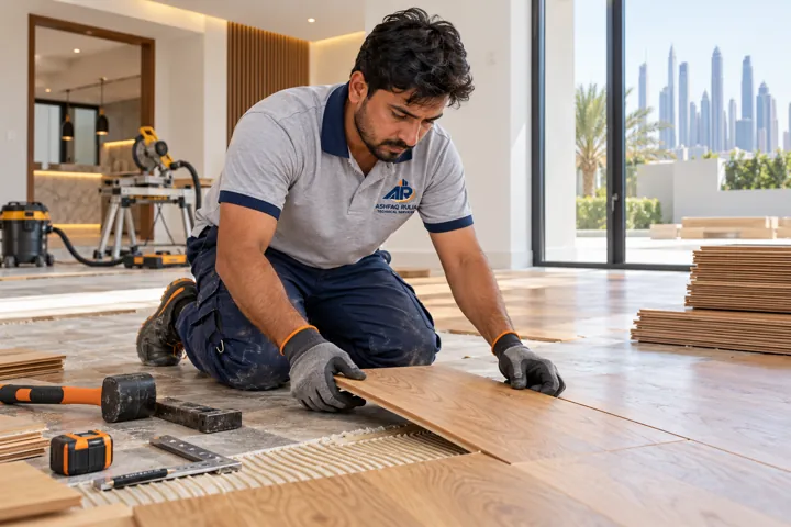 An ARTS carpenter kneeling to align and install oak wood flooring, hand tools and precision joinery visible, Dubai villa