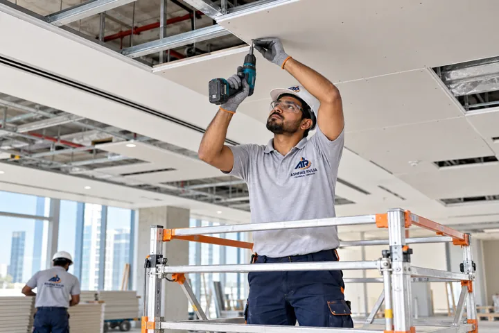 An ARTS ceiling installer fitting a gypsum false-ceiling panel from a proper low mobile scaffold with guardrails, UAE commercial interior
