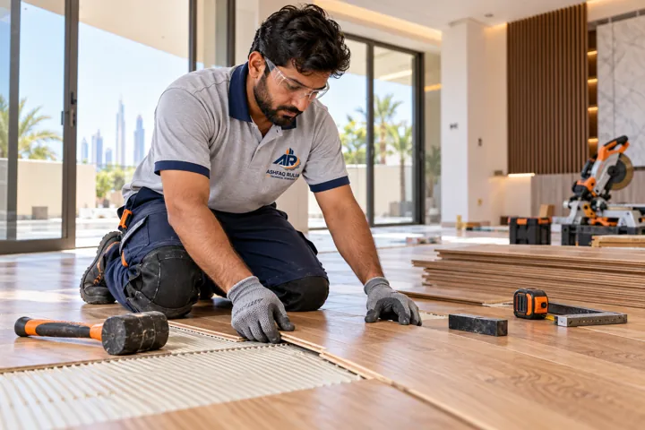 An ARTS carpenter kneeling to align and install oak wood flooring, hand tools and precision joinery visible, Dubai villa