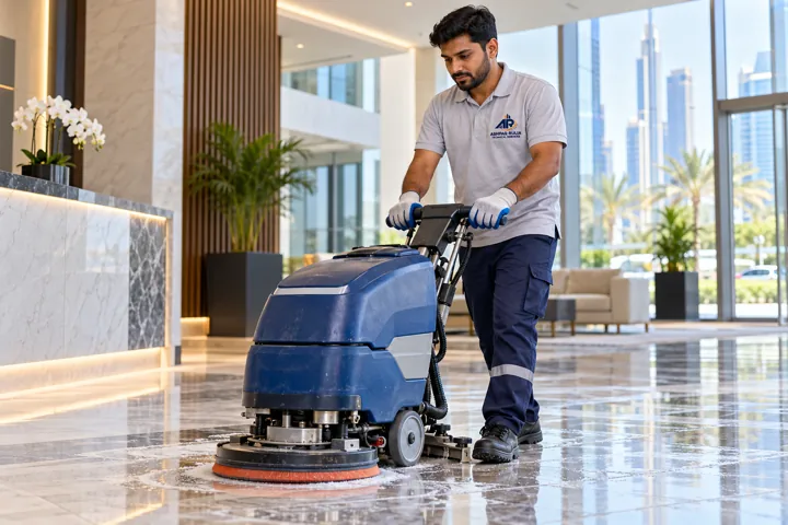 An ARTS cleaning technician actively using a compact floor-scrubbing machine in a bright Dubai commercial property, appropriate gloves, clean and professional
