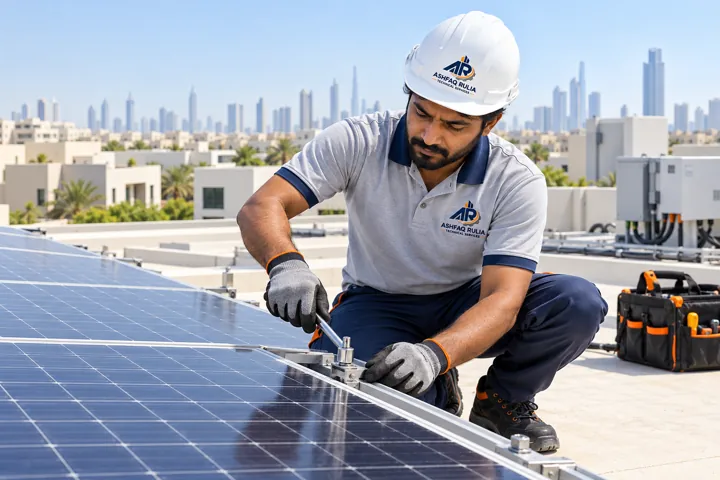 An ARTS solar technician checking and securing photovoltaic panels on a safe flat Dubai rooftop away from the roof edge, branded workwear, gloves, organized equipment, UAE low-rise skyline