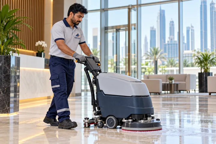An ARTS cleaning technician actively using a compact floor-scrubbing machine in a bright Dubai commercial property, appropriate gloves, clean and professional